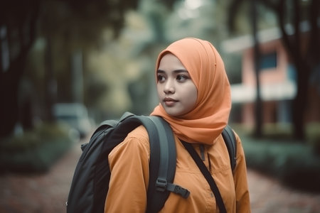 Portrait of a beautiful young muslim woman wearing hijab with backpackの素材