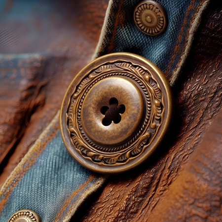 Closeup of a button on a brown leather jacket with blue jeansの素材