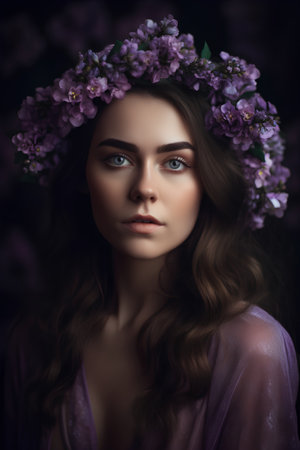 Portrait of beautiful young woman with lilac flowers in her hairの素材
