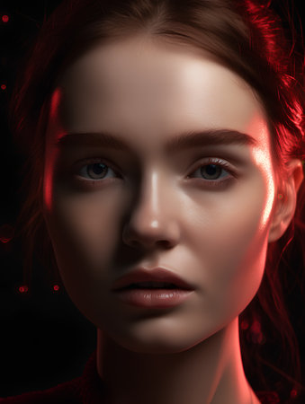 Portrait of beautiful young woman with red light on her face.の素材
