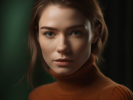 Portrait of beautiful young woman in orange sweater. Studio shot.の素材