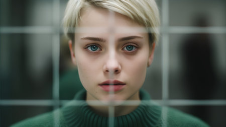 Young woman looking at the camera through the bars of a prison cellの素材