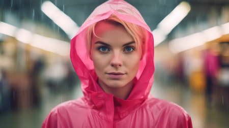 Portrait of a beautiful young woman in a pink raincoat.の素材