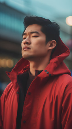 young handsome asian man in red raincoat outdoor in the cityの素材