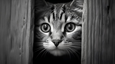 Cat peeking out of the door. Black and white photo.の素材