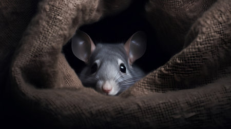 Cute little mouse in a burlap bag. Black background.の素材