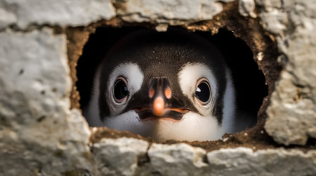 Penguin peeking out of a hole in the wall.の素材