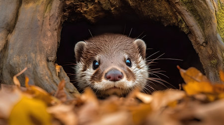 European otter in a hollow in the autumn forest, close-upの素材