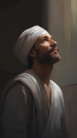 Portrait of a Muslim man in a white robe and turbanの素材