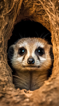 Portrait of a meerkat in a hole in the wallの素材