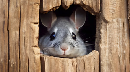 Little gray mouse peeking out of a hole in a wooden wallの素材