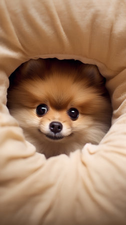 Pomeranian dog peeking out from under the blanket in the roomの素材