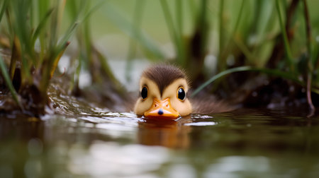 Duckling swimming in the water with green grass in the backgroundの素材