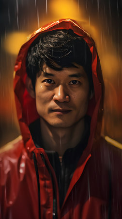Portrait of young Asian man wearing raincoat and looking at camera.の素材