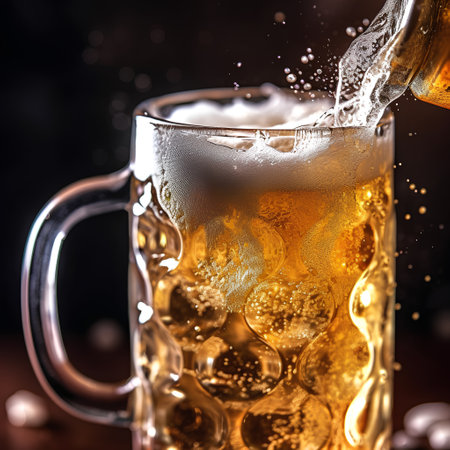 Pouring beer into a mug on a dark background close-upの素材