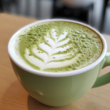 Green tea latte art on wooden table in coffee shop, stock photoの素材
