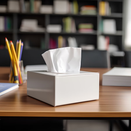 White box with paper tissues on the table in the office. Selective focus.の素材