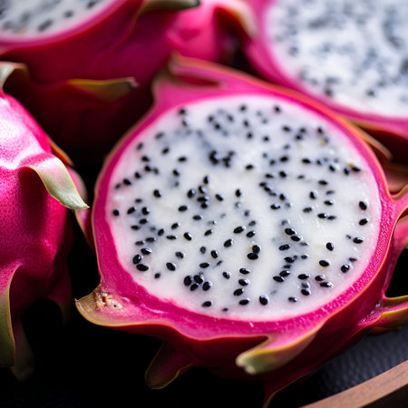 Close up of dragon fruit on a wooden plate on a black background.の素材