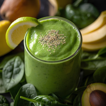 Healthy green smoothie with spinach, banana, lime and chia seedsの素材