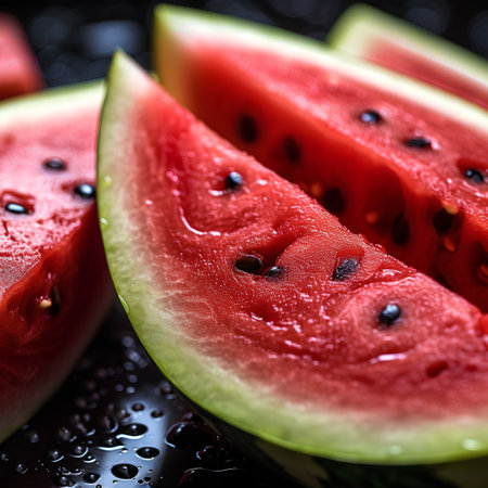 Slices of watermelon on a black background. Selective focus.の素材