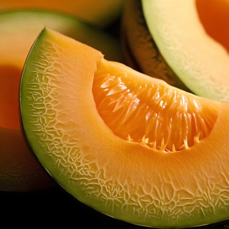 Close up of melon slices on a black background. Selective focus.の素材