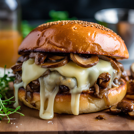 Cheeseburger with mushrooms, cheese and sauce on wooden boardの素材