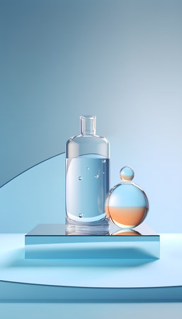 Perfume bottle on blue background. 3d render illustration.の素材