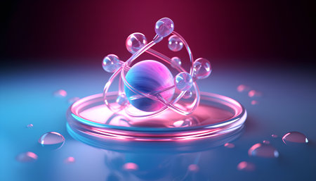 3d render of atom model in blue and pink light on dark backgroundの素材
