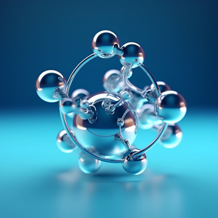 Molecular model of atom on a blue background. 3d renderの素材