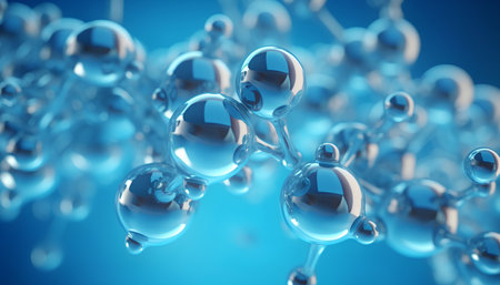 3d illustration of molecule structure. Abstract background with blue molecules.の素材