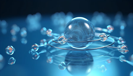 3d illustration of atom over blue background with water drops and bubblesの素材