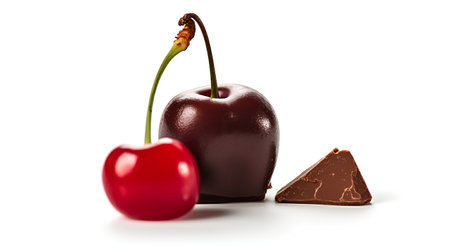 Chocolate and cherry isolated on white background. Clipping path includedの素材