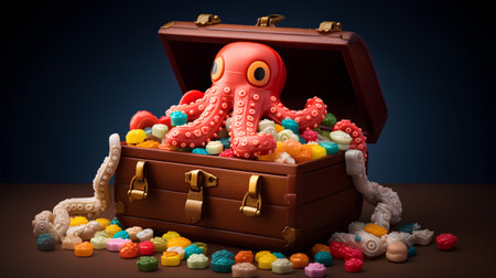 Octopus in a treasure chest, 3d illustration with clipping pathの素材