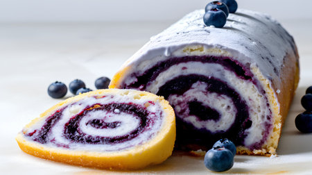 Sliced poppy seed roll cake with blueberries on white backgroundの素材