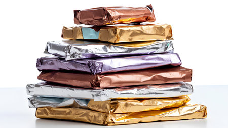 Pile of colorful foil wrapped gift boxes isolated on white background.の素材