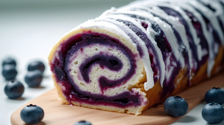 Blueberry roll cake on a white background. Shallow dof.の素材