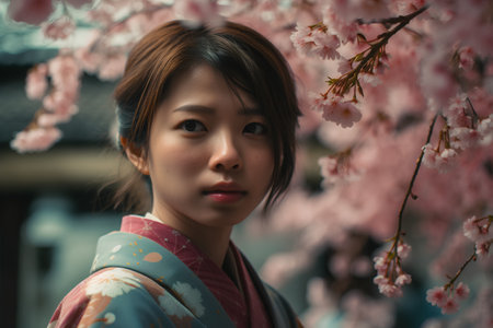 Portrait of a beautiful asian woman in kimono with cherry blossomの素材