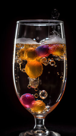 Fruit in a glass of champagne on a black background with ice.の素材