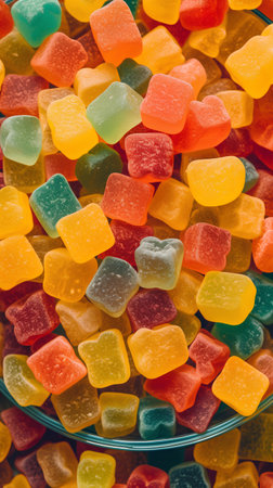 Assorted gummy candies. Top view. Jelly sweets background.の素材