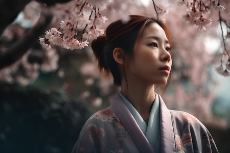 Beautiful asian woman wearing yukata and cherry blossomの素材