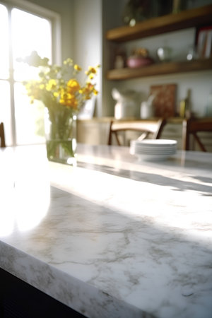 Kitchen countertop with a vase of flowers in the foregroundの素材