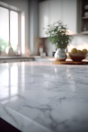 Close up of white marble countertop in modern kitchen. Blurred backgroundの素材
