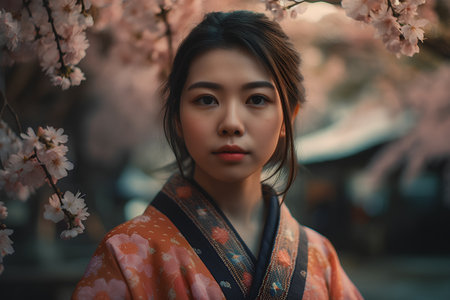 Beautiful japanese girl in kimono and cherry blossomの素材