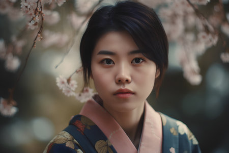 Portrait of japanese kimono woman in sakura gardenの素材