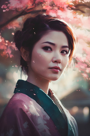 Beautiful asian woman in kimono with cherry blossomの素材