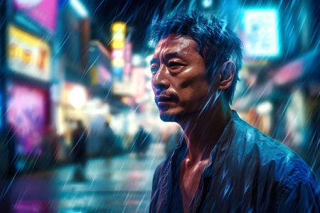 portrait of a young asian man in the rain in a night cityの素材