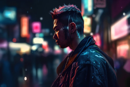 Portrait of a handsome young man in a neon city. Men's beauty, fashion.の素材