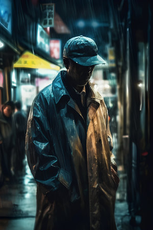 Man in raincoat and cap on the street of the city.の素材