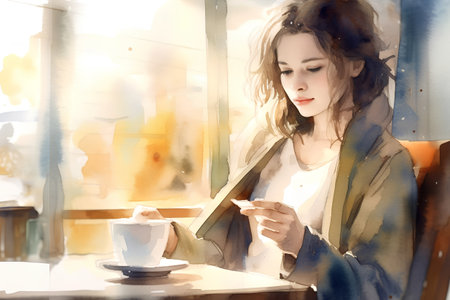 Young woman drinking coffee in a cafe. Digital watercolor painting.の素材