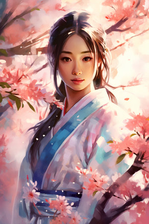 Beautiful asian woman with sakura flowers. Digital painting.の素材